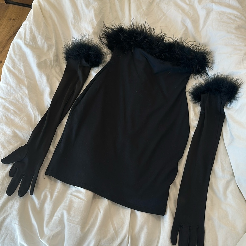 Club L London Black Feather Strapless Dress with Gloves
